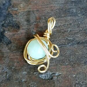 Faceted Amazonite Crystal Beaded Charm Pendant, Wire Wrapped, Gold, 8mm